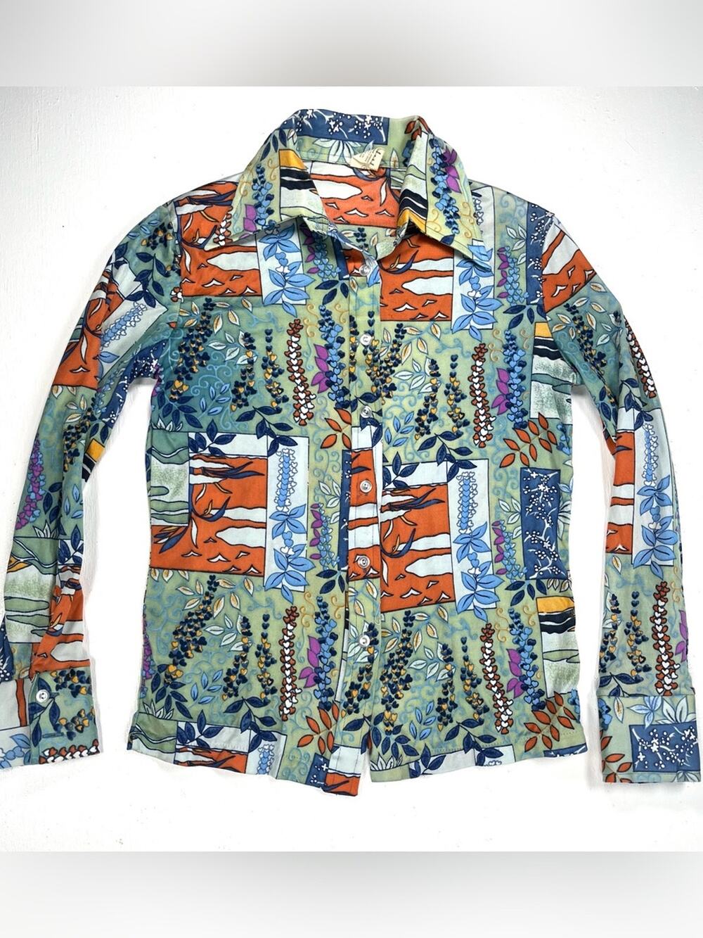 Vintage 70s Groovy Print Collared Button-Up Shirt Medium Botanical Colorful Wild